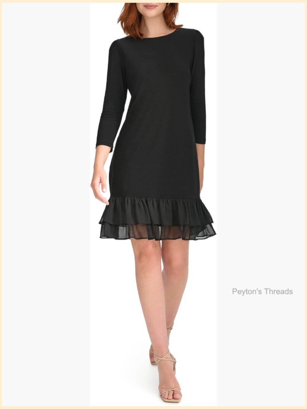 3/4 Sleeve Jersey/Chiffon Mix Ruffle Hem Dress Business Casual Shift Dress